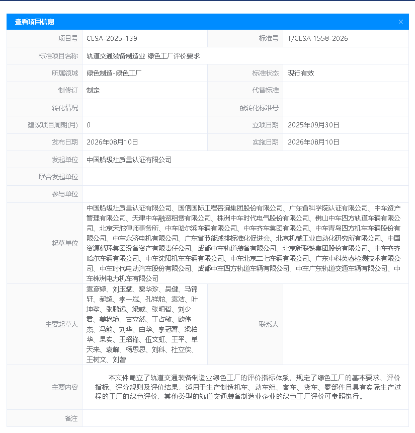 企信标委归口管理的《轨道交通装备制造业绿色工厂评价要求》等五项团体标准正式发布